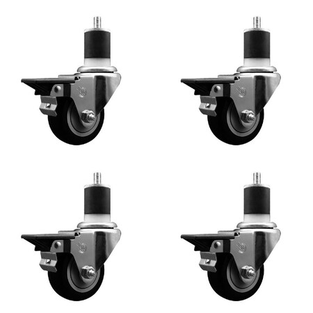 Service Caster 3'' Black Poly Swivel 1-7/8'' Expanding Stem Caster Set with Brake, 4PK SCC-EX20S314-PPUB-BLK-PLB-178-4